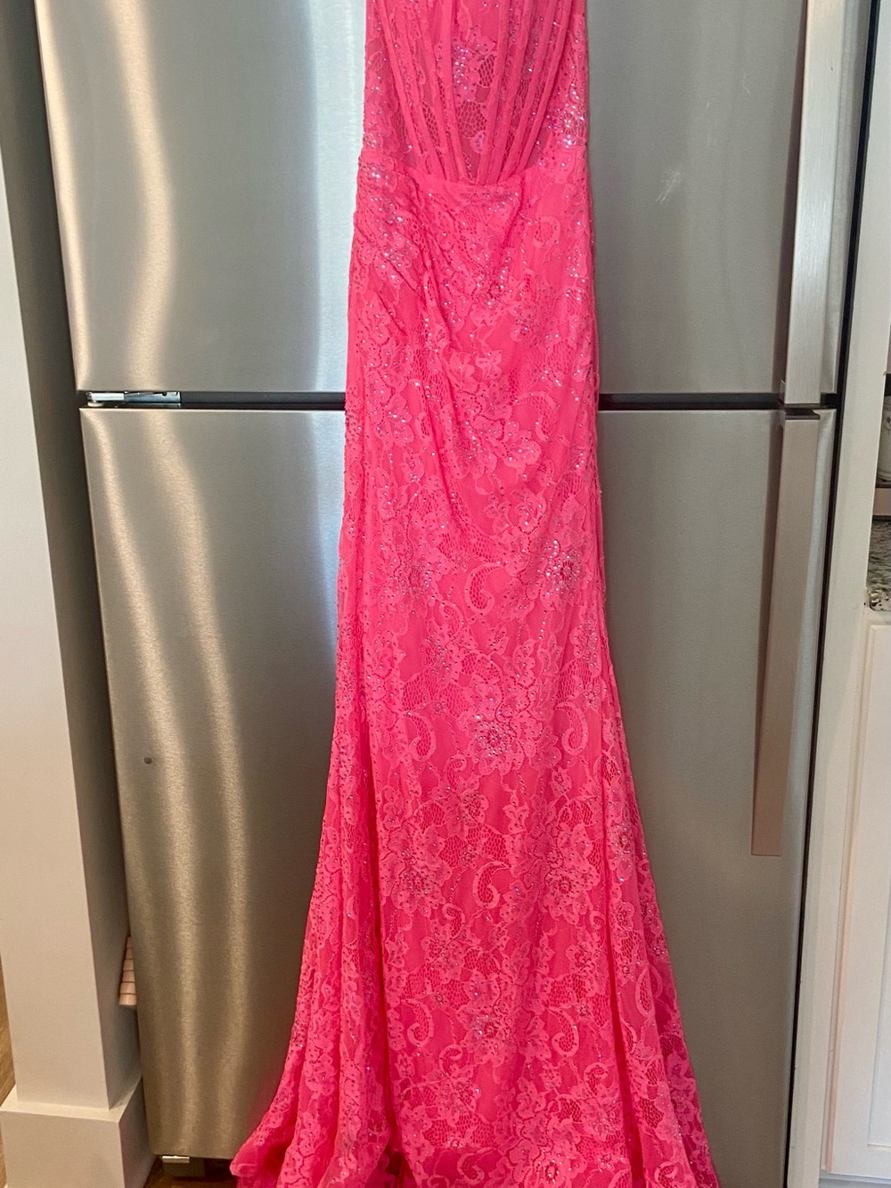 Sherri Hill Hot Pink Lace Sequin Prom Gown